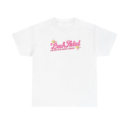 Lash Artist Tee — "Listen We Don’t Judge" Pink Script Lash Technician Shirt
